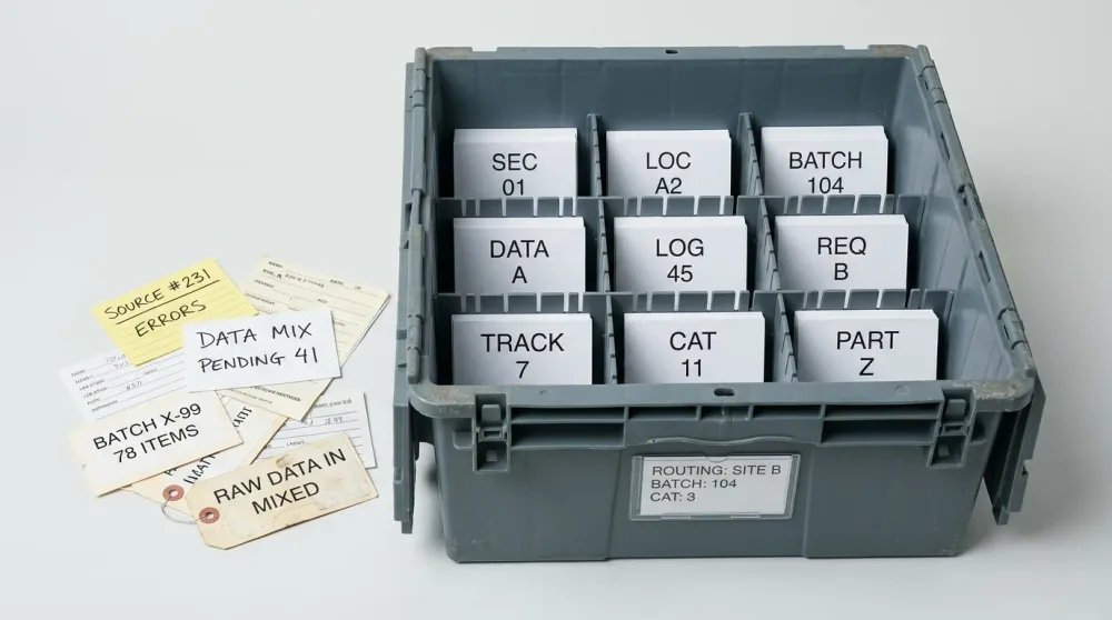 Data categorization and normalization represented by industrial storage containers and dividers