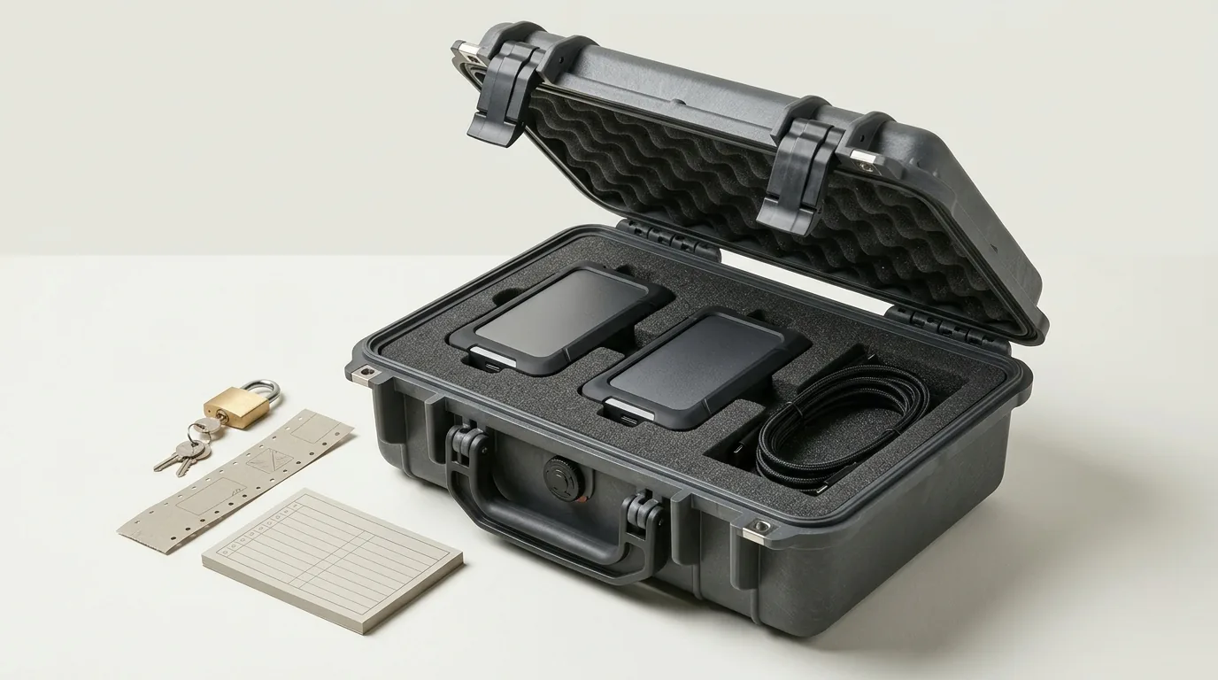 Ruggedized field case with dual encrypted storage drives, seal strip, and emergency checklist for disaster recovery and hand-carry